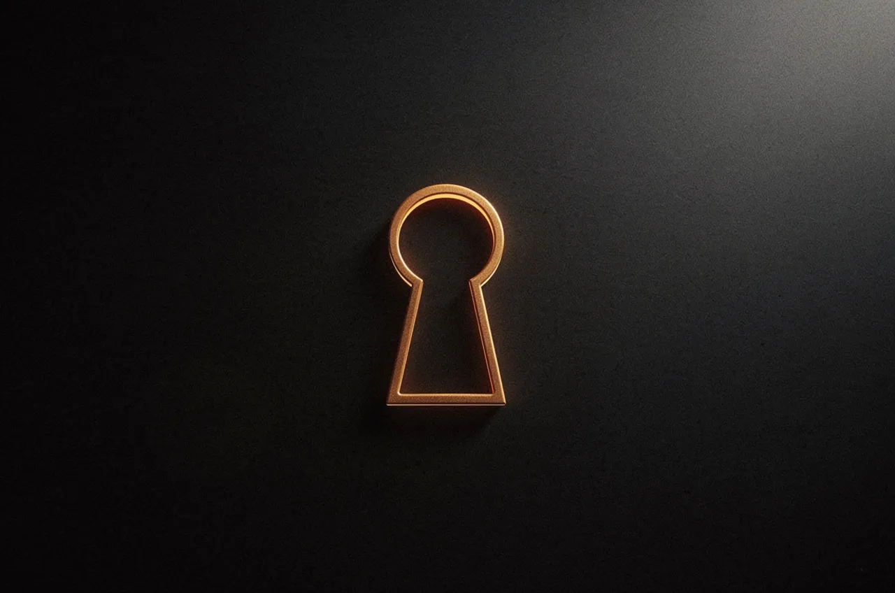 A glowing amber keyhole emblem against deep darkness — a mark of recognition and belonging.