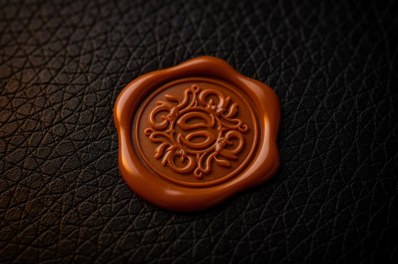 An embossed amber wax seal pressed into dark leather — an earned credential mark.