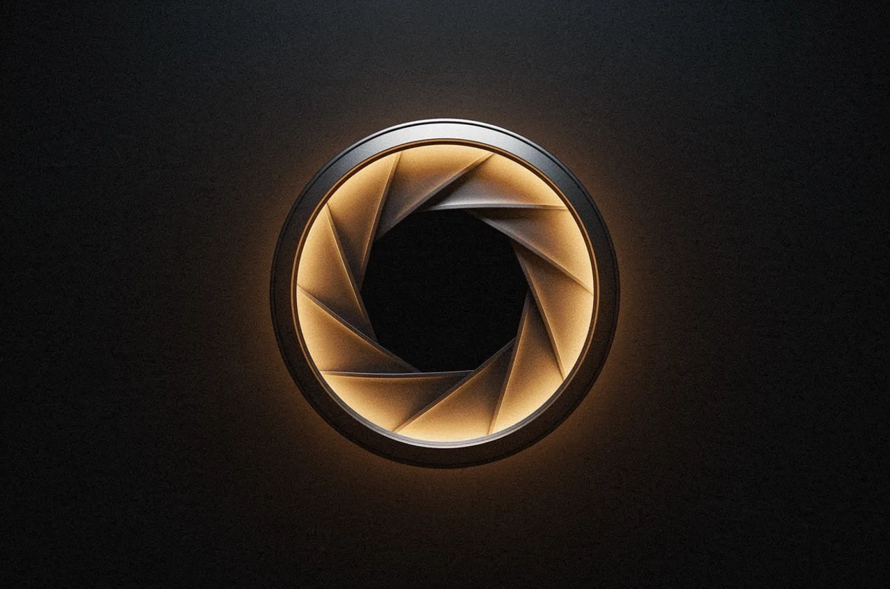 A softly glowing amber camera aperture ringing a dark, unresolved center — an open loop.