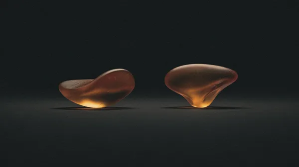 Two amber forms side by side, the second mirroring and inverting the first — a setup and its reversal.
