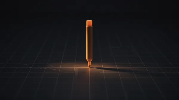 A sharply focused amber marker anchored precisely into a dark measured grid — exact, well-defined, sourced.