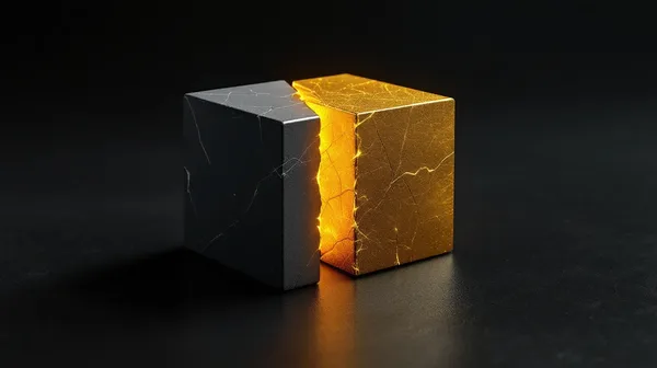 A cracked grey cube beside the same cube polished into radiant gold — one subject, before and after.