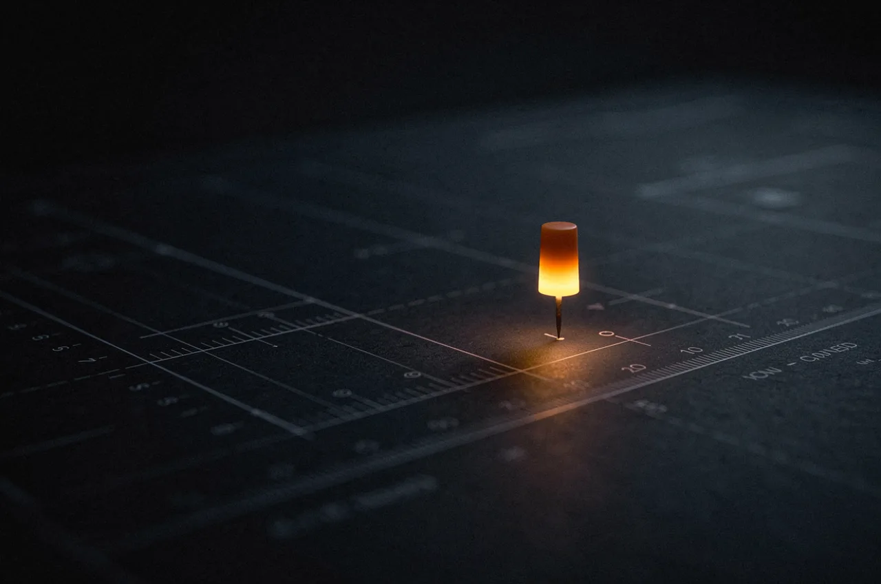 A single precise amber marker pin anchored into a dark measured grid — exact, sourced precision.