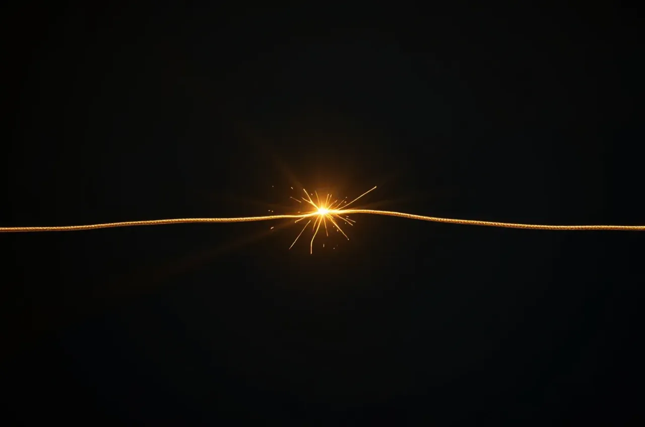 A single golden thread stretched to its breaking point against near-black — tension held one frame before it snaps.