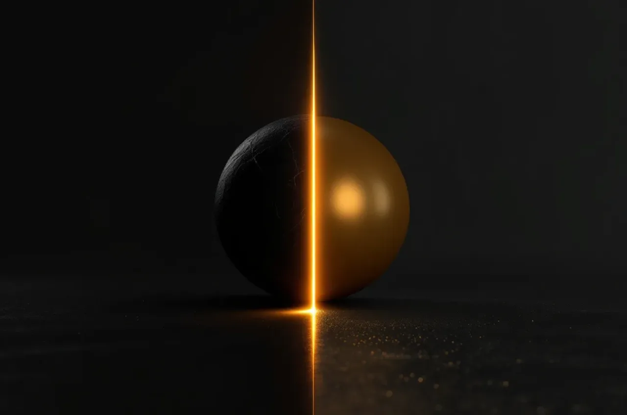 A dark matte sphere resolving into a polished golden one across a single bright amber seam — a before and after held in one frame.